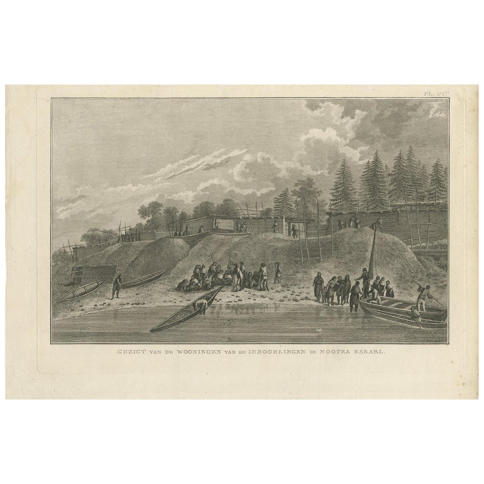 Antique Print of Houses in Nootka Channel by Cook, 1803