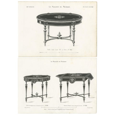 Set of 2 Antique Furniture Prints of Various Tables by Quetin, circa 1860