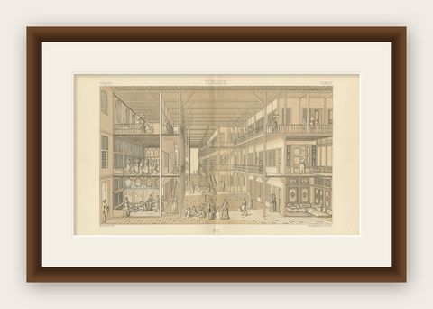 Ottoman Harem Interior Lithograph, Constantinople, Melling, Paris c.1888, shown framed