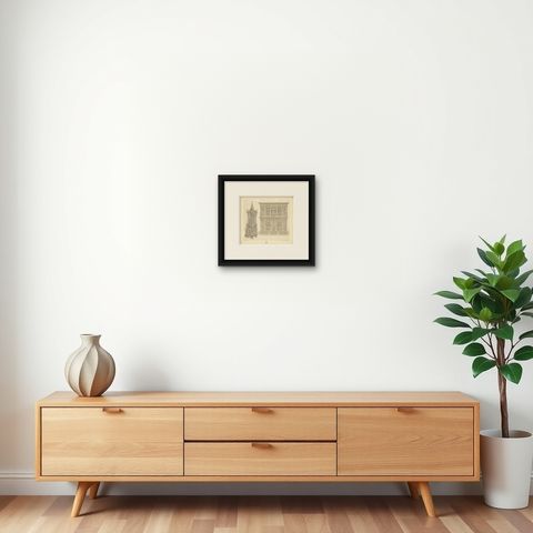 Pl. 47 Antique Print of European XVIth Century Decorative Objects by Racinet, shown framed on a wall, true to size