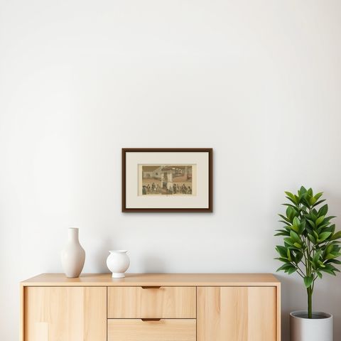 Antique Print of Spanish Scenes and Interior by Racinet, 'circa 1880', shown framed on a wall, true to size