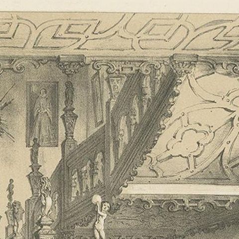 Antique Print of the Staircase at Hatfield House by Nash, circa 1870, close-up 1