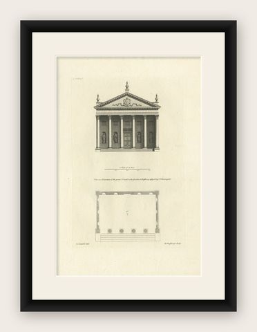 Antique Print of a Design for The Great Temple in Eastbury Park, England, 1725, shown framed
