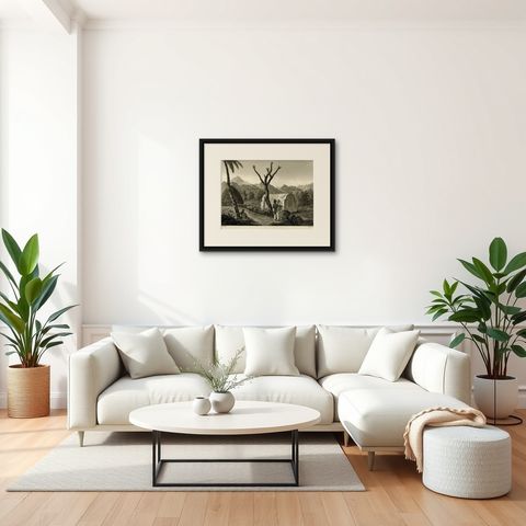 Antique Print of the Tomb of the Raja of Taybeno on the Island Timor, 1825, shown framed in a room, true to size