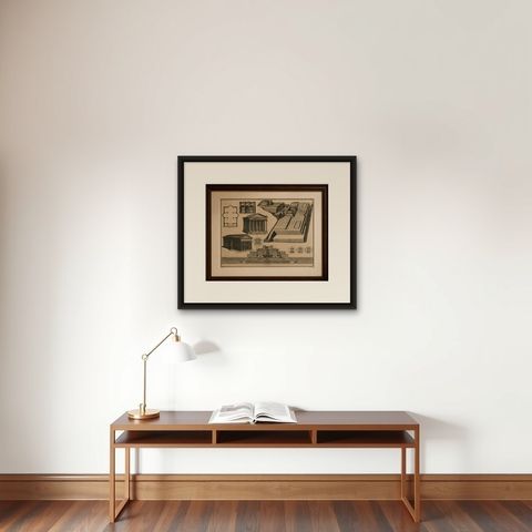 Antique Roman Temple Architecture & Archaeological Plan, Montfaucon, 1721, shown framed on a wall, true to size