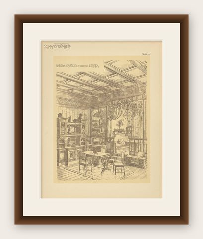Pl. 43 Antique Print of a Dining Room with Bay Window by Kramer, circa 1910, shown framed