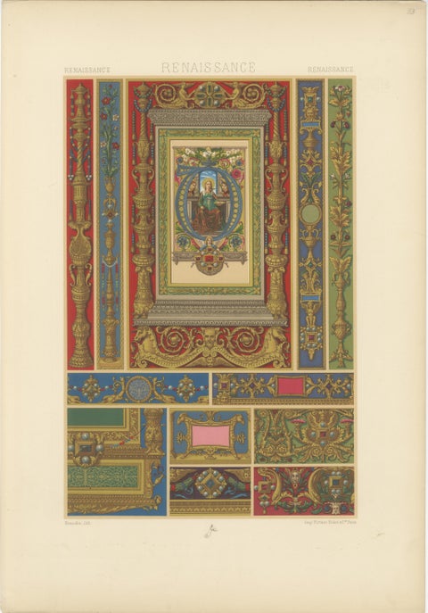 Set of Three Renaissance Grotesque Ornament Chromolithographs by Racinet, 1873, view 4