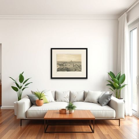 St Peter’s Basilica and Vatican Palace Panorama, Rome, Benoist 1869 Lithograph, shown framed in a room, true to size