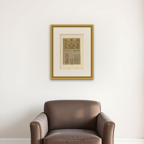 Pl. 76 Antique Print of XVIIth Century Ornaments by Racinet (c.1890), shown framed on a wall, true to size