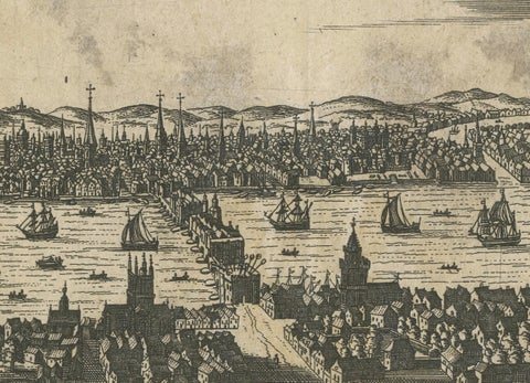 Antique Woodcut View of London, Thames River Panorama with London Bridge, c1650, close-up 3