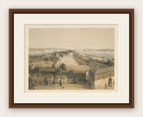 Rare 1852 Tinted Lithograph of Topkapi Palace Courtyard and Bosphorus, Istanbul, shown framed