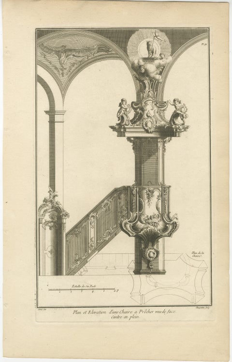 Baroque Pulpit Elevation with Ornate Archway and Balustrade Engraved, ca.1740, view 2