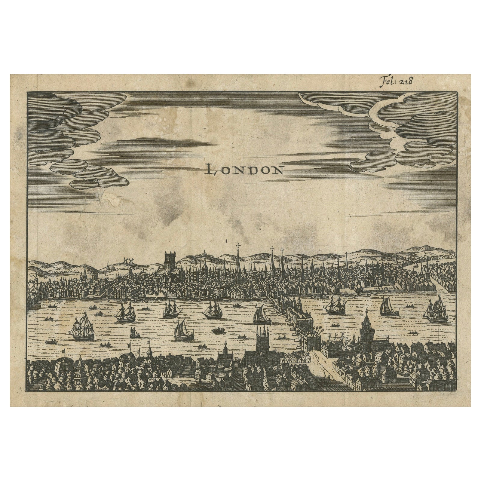 Antique Woodcut View of London, Thames River Panorama with London Bridge, c1650