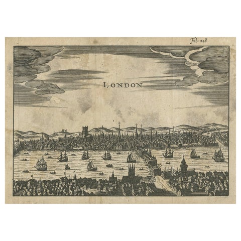 Antique Woodcut View of London, Thames River Panorama with London Bridge, c1650