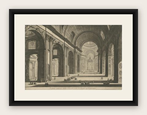 Antique Print of the Interior of St Peter's Basilica in the Vatican, c.1820, shown framed