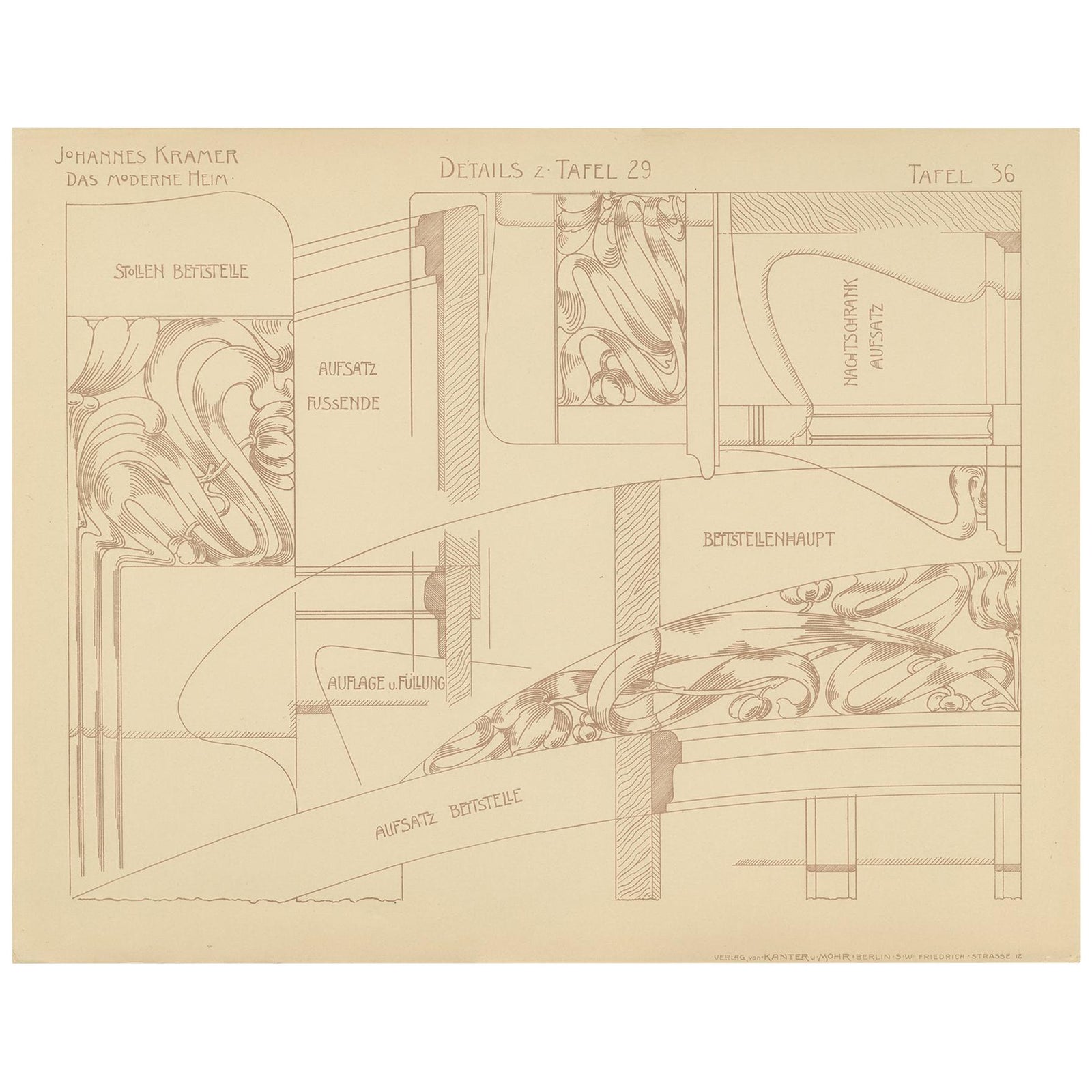 Pl. 36 Antique Print of Furniture Details by Kramer, circa 1910