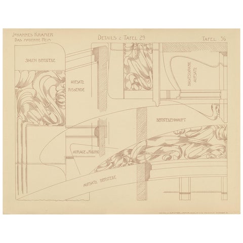 Pl. 36 Antique Print of Furniture Details by Kramer, circa 1910