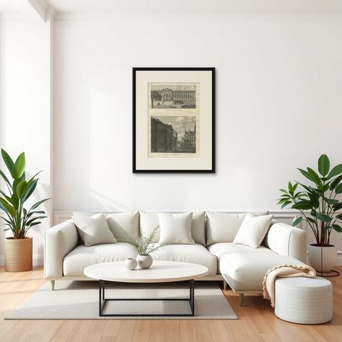Antique Louvre Architectural Views Engraving, Baltard Paris 1803, shown framed in a room, true to size