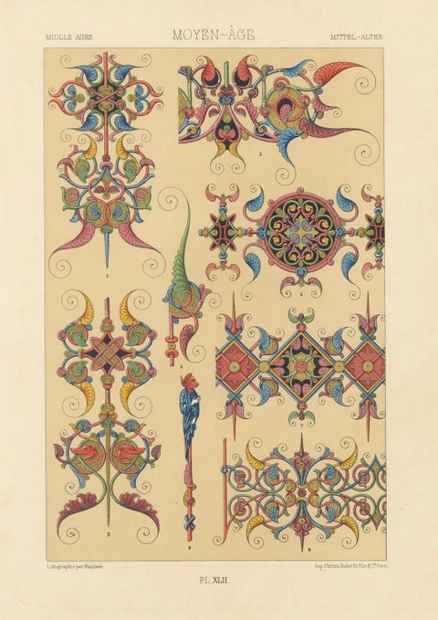 Gothic Illumination-Inspired Ornament, Middle Ages Decorative Designs, c.1869, close-up 5