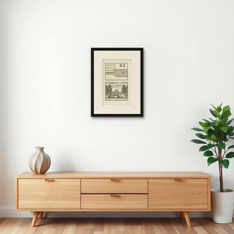 Antique Print of Meerestein Castle in the Netherlands, circa 1730, shown framed on a wall, true to size