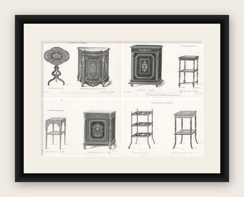 Set of 4 Antique Furniture Prints of Bahuts and Étagères by Quetin, circa 1860, shown framed