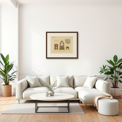 Pl. 47 Antique Print of Salon Furniture by Kramer, circa 1910, shown framed in a room, true to size