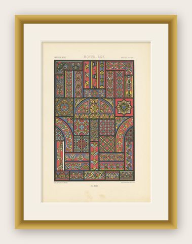 Pl. 44 Antique Print of Middle Ages Ornaments by Racinet, circa 1890, shown framed