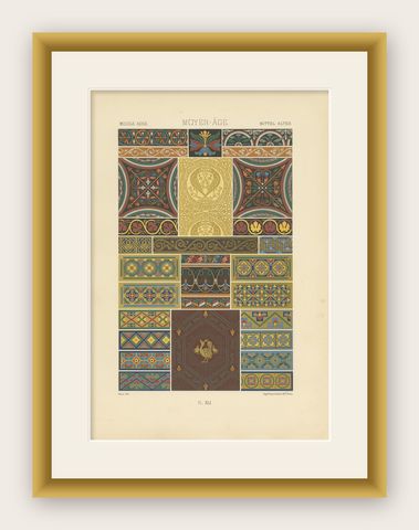 Pl. 41 Antique Print of Middle Ages Ornaments by Racinet (c.1890), shown framed