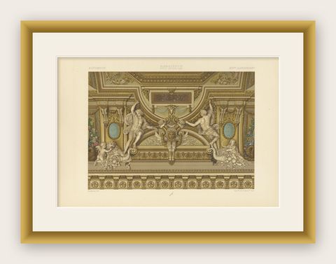 Pl. 106 Antique Print of 17th Century A Carved Ceiling by Racinet, circa 1890, shown framed