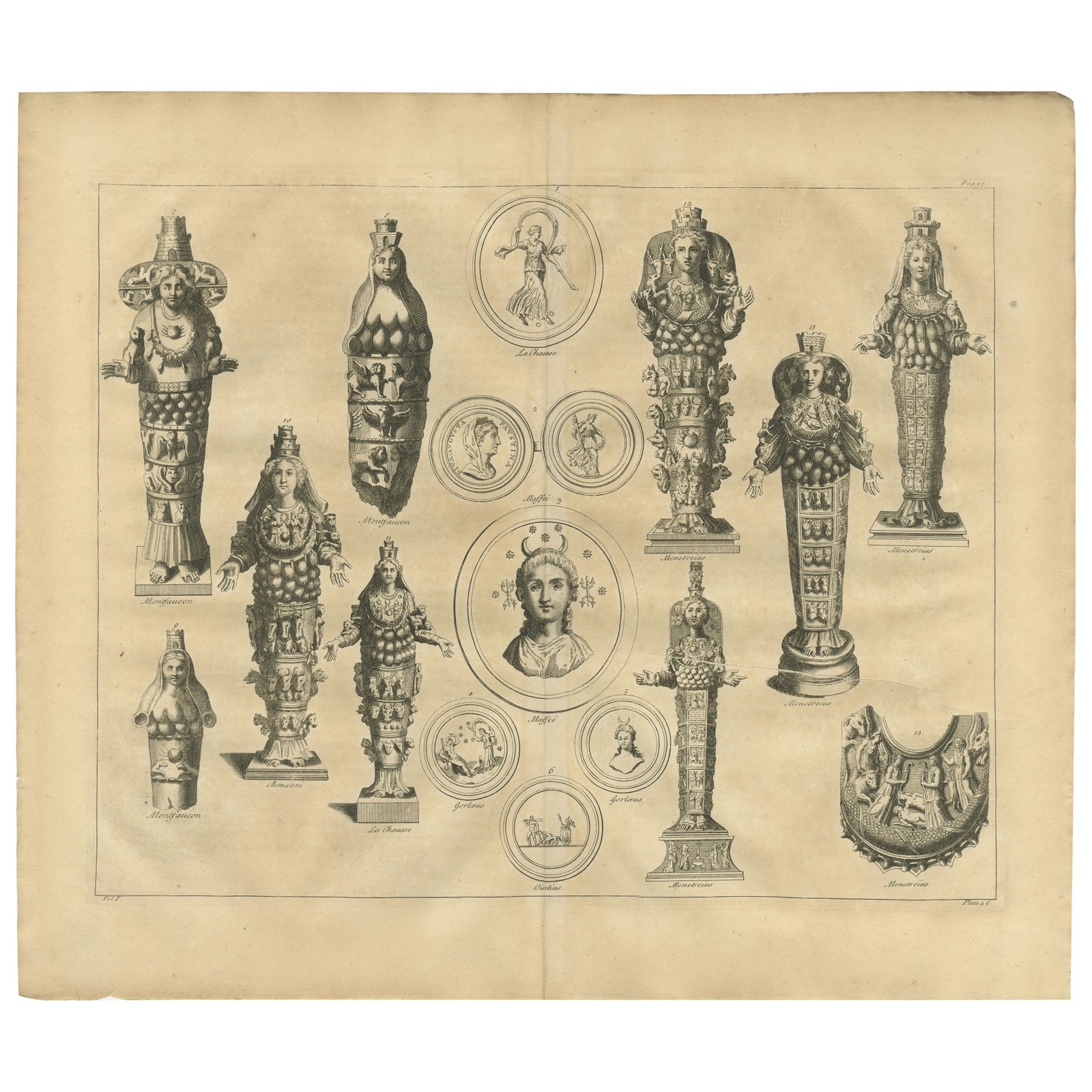 Antique Roman Ephesian Artemis Statues, Montfaucon Classical Engraving 1721