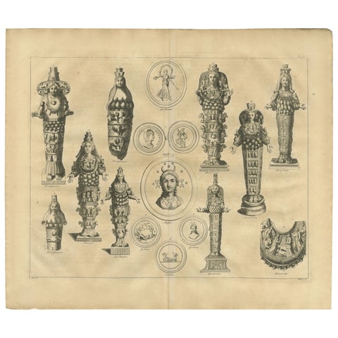 Antique Roman Ephesian Artemis Statues, Montfaucon Classical Engraving 1721