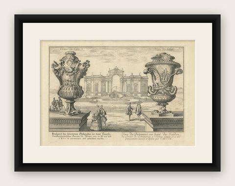 Antique Print of Two Vases and a Building in Vienna by Fischer von Erlach, 1725, shown framed