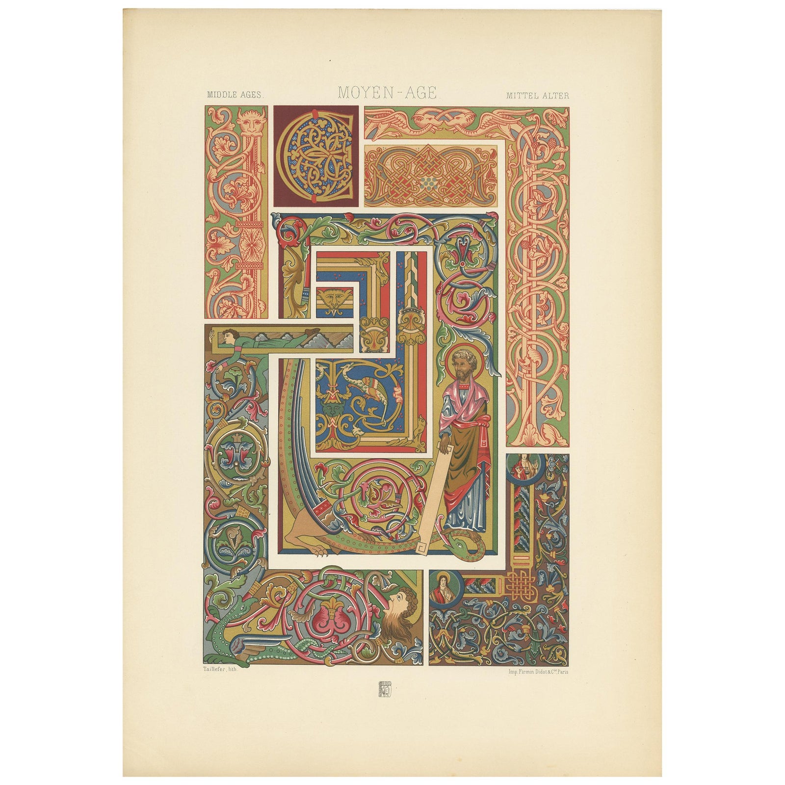 Pl. 51 Antique Print of Middle Ages Manuscripts Decoration by Racinet