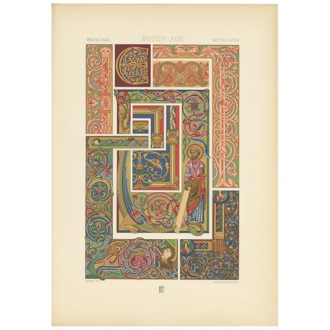 Pl. 51 Antique Print of Middle Ages Manuscripts Decoration by Racinet