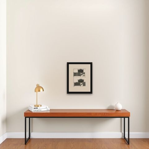 Set of 2 Antique Furniture Prints of a Bed and Nightstand by Quetin, circa 1860, shown framed on a wall, true to size