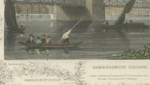 1828 Aquatint Vista of Hammersmith Bridge Over the Thames, close-up 3
