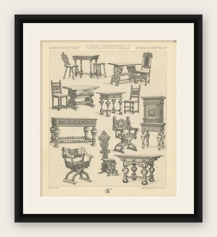 Pl. 80 Antique Print of European XVIth-XVIIth Furniture by Racinet, circa 1880, shown framed