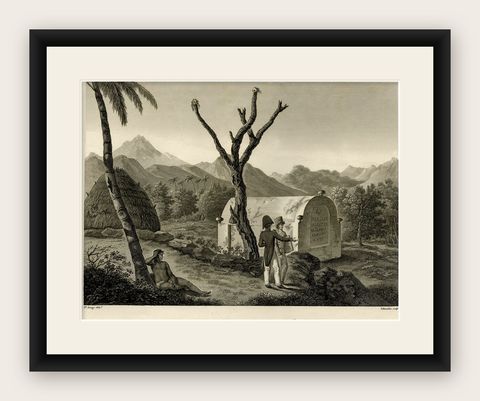 Antique Print of the Tomb of the Raja of Taybeno on the Island Timor, 1825, shown framed