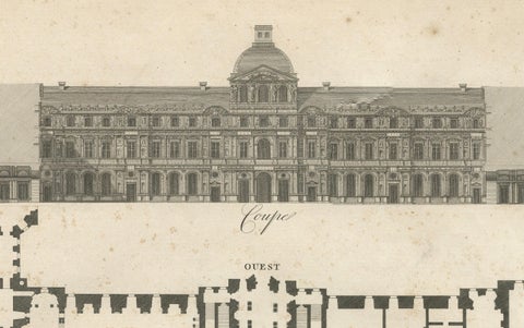 Plan, Elevation et Coupe du Louvre, Architectural Engraving by Baltard, c.1799, close-up 3