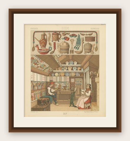 Pl. 125 Antique Print of Swedish Interior of Racinet, 'circa 1880', shown framed