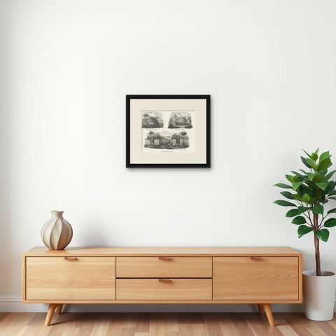 Original Antique Engraving of Various Houses of Tonga Tabu, c.1836, shown framed on a wall, true to size