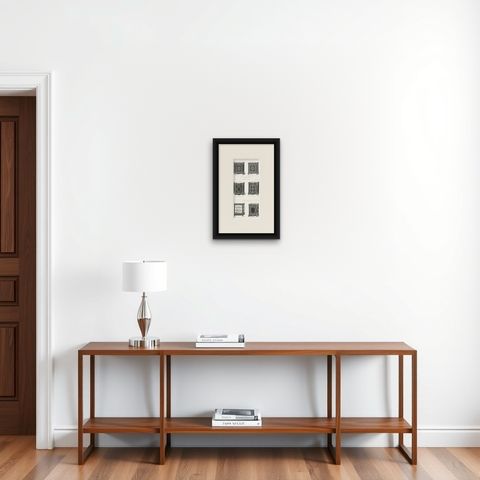 Set of 3 Antique Furniture Prints of Buffets and a Vitrine by Quetin, shown framed on a wall, true to size