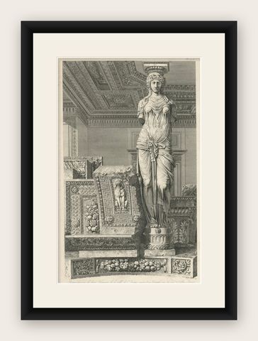 Architectural Engraving of a Caryatid, Cabinet d'Henri IV, by Baltard, ca.1800, shown framed
