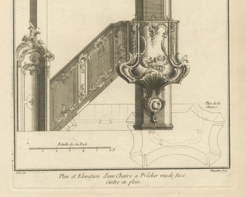 Baroque Pulpit Elevation with Ornate Archway and Balustrade Engraved, ca.1740, close-up 1