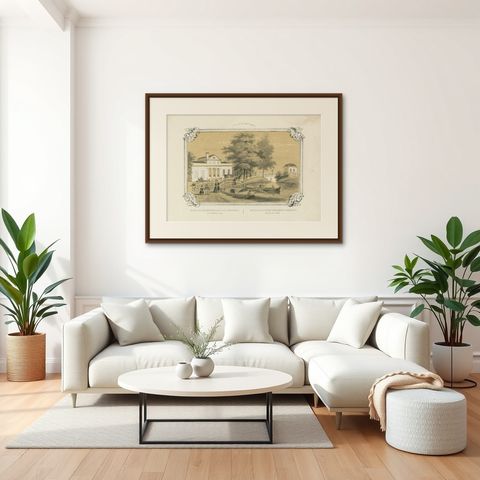 Antique Print of the 'Oorsprong' Estate in Utrecht by Huygens, c.1860, shown framed in a room, true to size