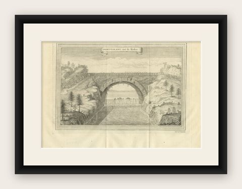 Antique Print of the Flying Bridge in China, 1746, shown framed