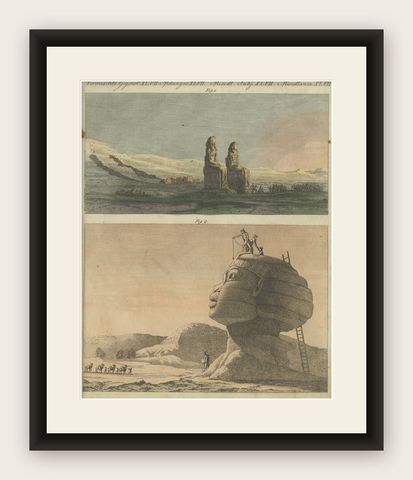 1805 Handcolored Engraving of Egyptian Monuments from Bertuch's "Bilderbuch", shown framed