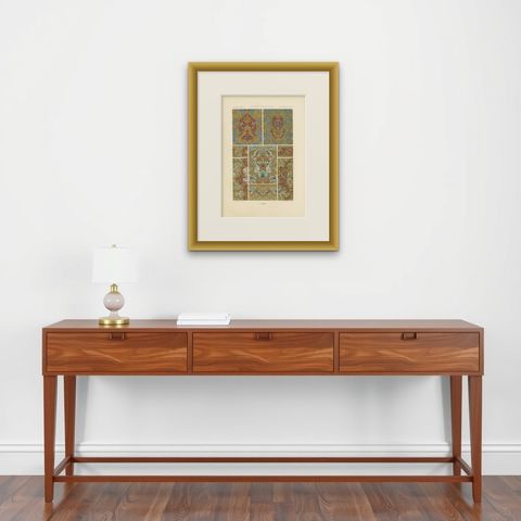 Pl. 84 Antique Print of XVIIth and XVIIIth Century Ornaments by Racinet, shown framed on a wall, true to size