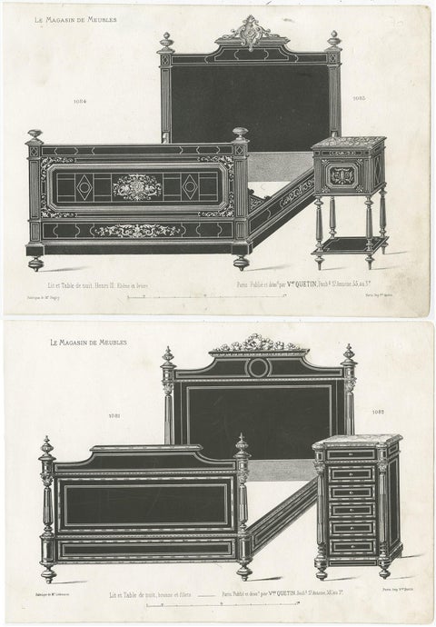 Set of 2 Antique Furniture Prints of a Bed and Nightstand by Quetin, circa 1860, view 4