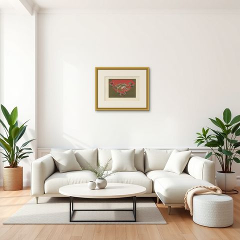 Antique Print of Tapestry ‘Japan’ by G. Audsley, 1882, shown framed in a room, true to size